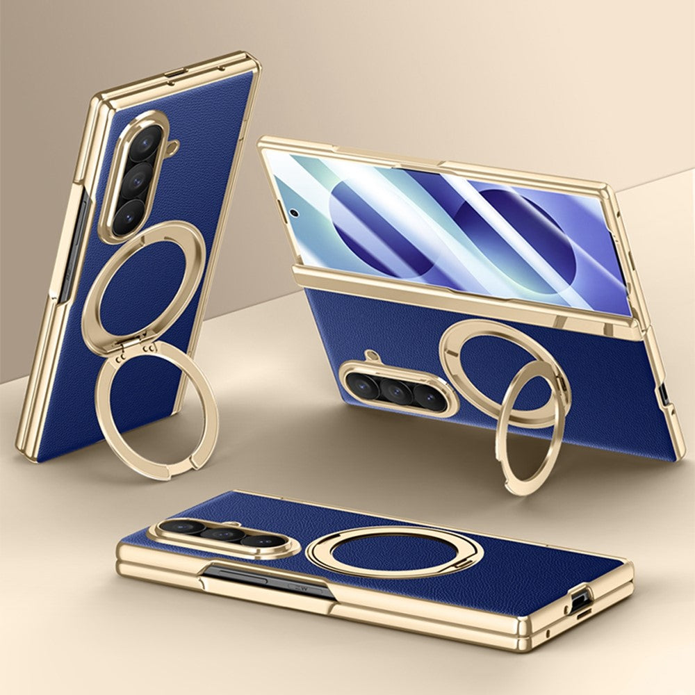 For Samsung Galaxy Z Fold8 Ultra Magnetic Case with Tempered Glass 360° Rotatable Metal Ring Kickstand PU Leather + PC + Acrylic Cover