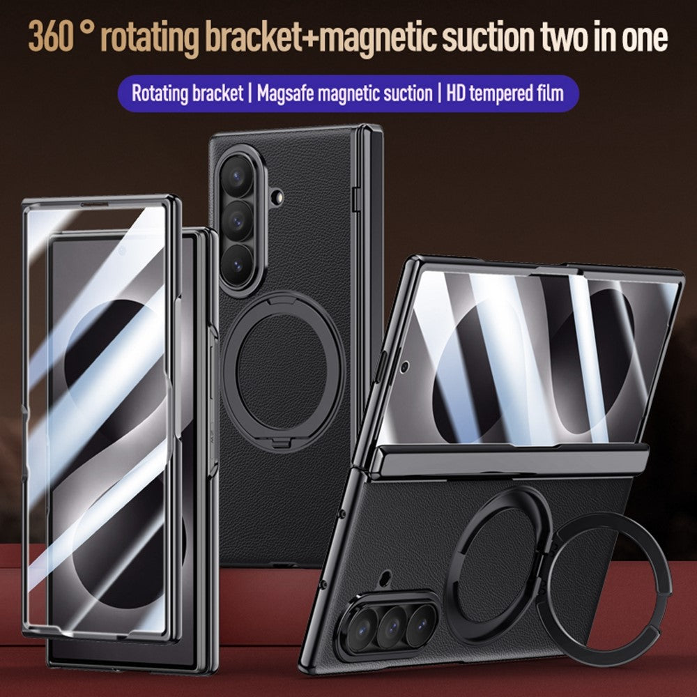 For Samsung Galaxy Z Fold8 Ultra Magnetic Case with Tempered Glass 360° Rotatable Metal Ring Kickstand PU Leather + PC + Acrylic Cover