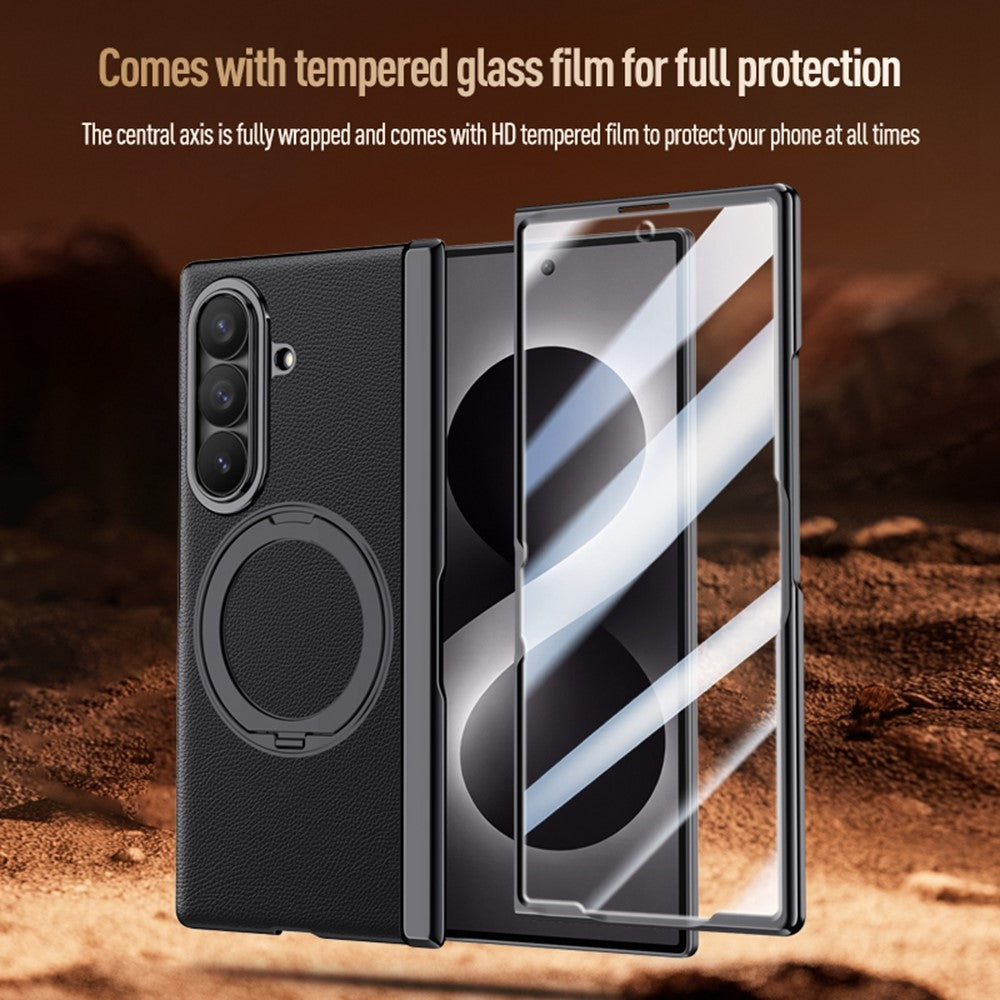 For Samsung Galaxy Z Fold8 Ultra Magnetic Case with Tempered Glass 360° Rotatable Metal Ring Kickstand PU Leather + PC + Acrylic Cover