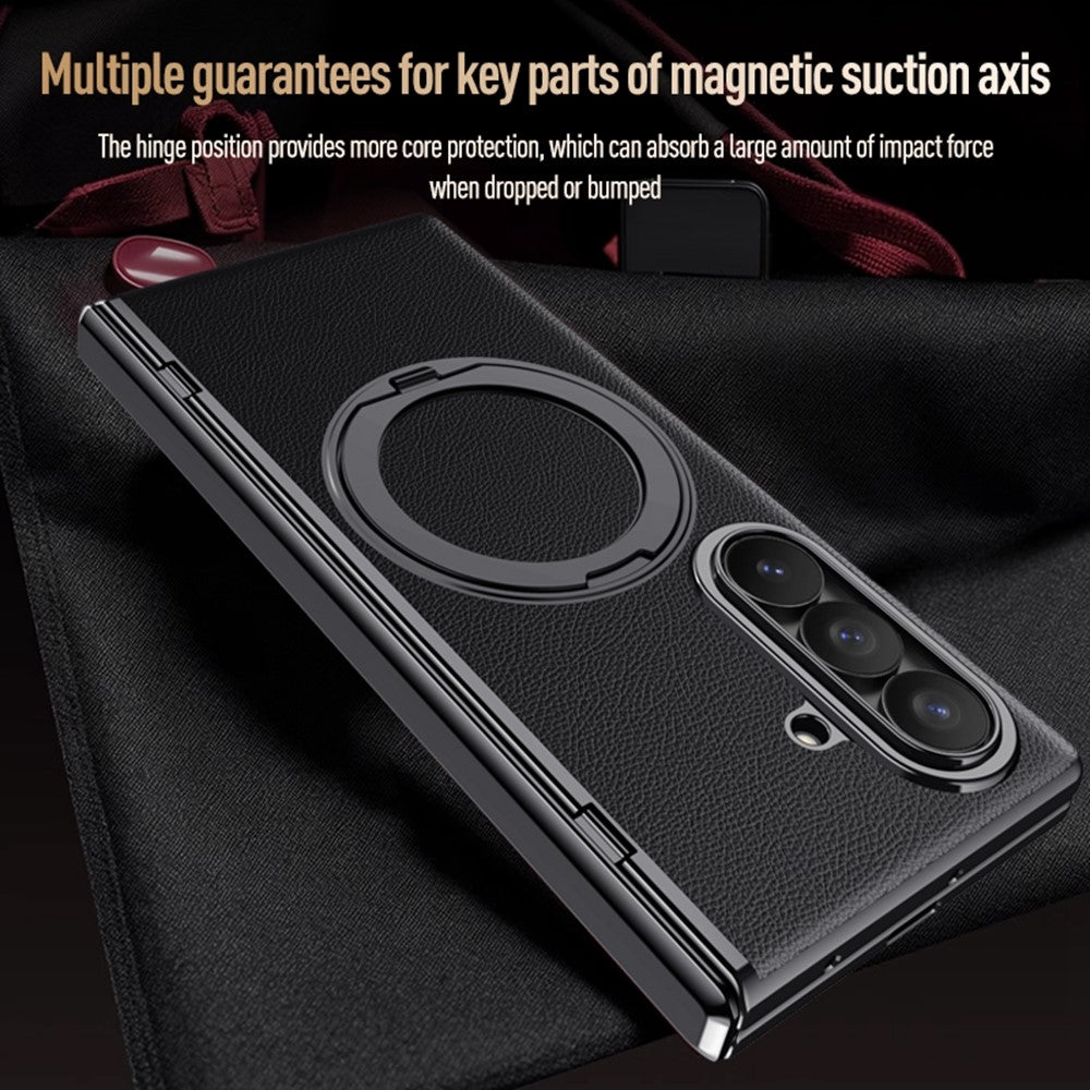 For Samsung Galaxy Z Fold8 Ultra Magnetic Case with Tempered Glass 360° Rotatable Metal Ring Kickstand PU Leather + PC + Acrylic Cover