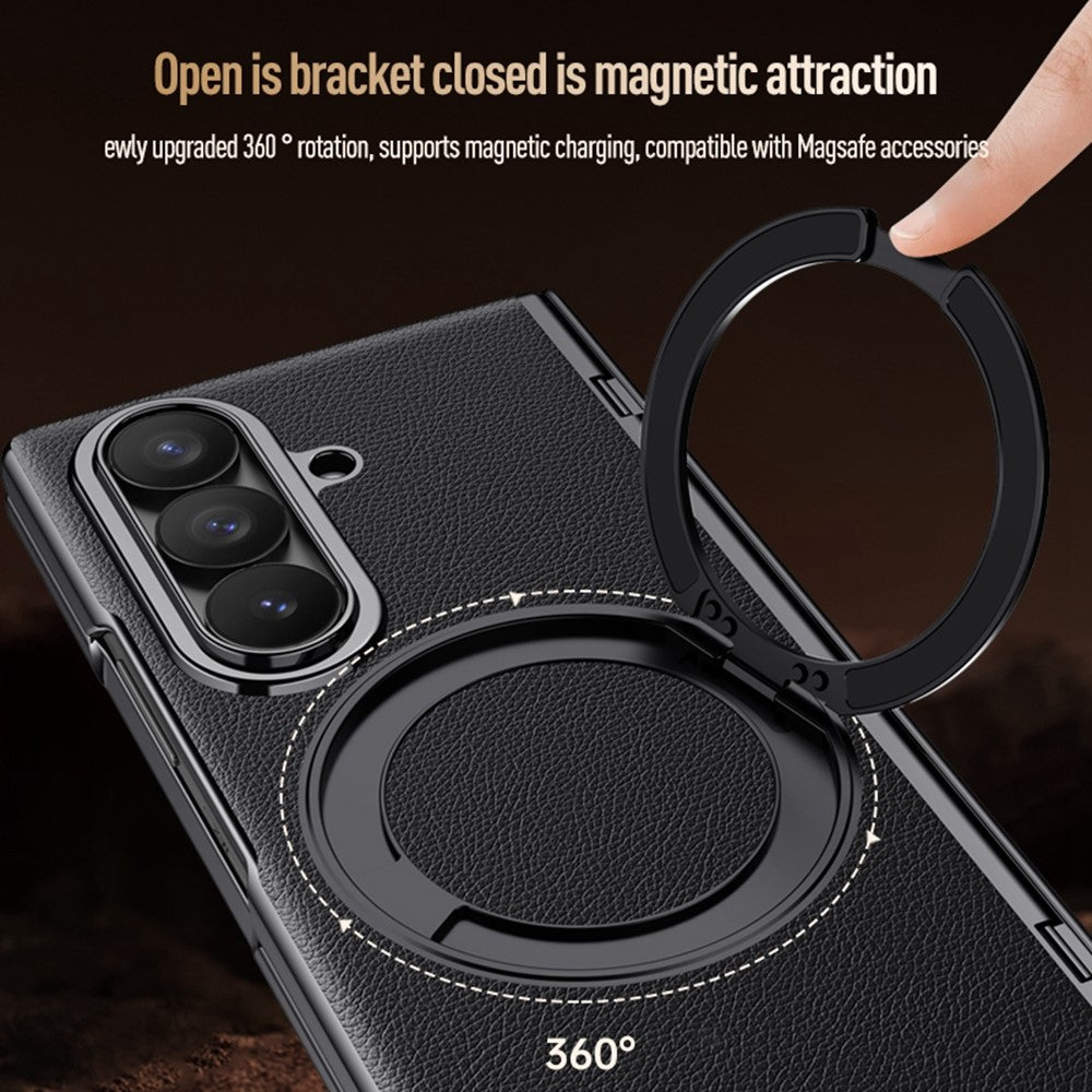 For Samsung Galaxy Z Fold8 Ultra Magnetic Case with Tempered Glass 360° Rotatable Metal Ring Kickstand PU Leather + PC + Acrylic Cover