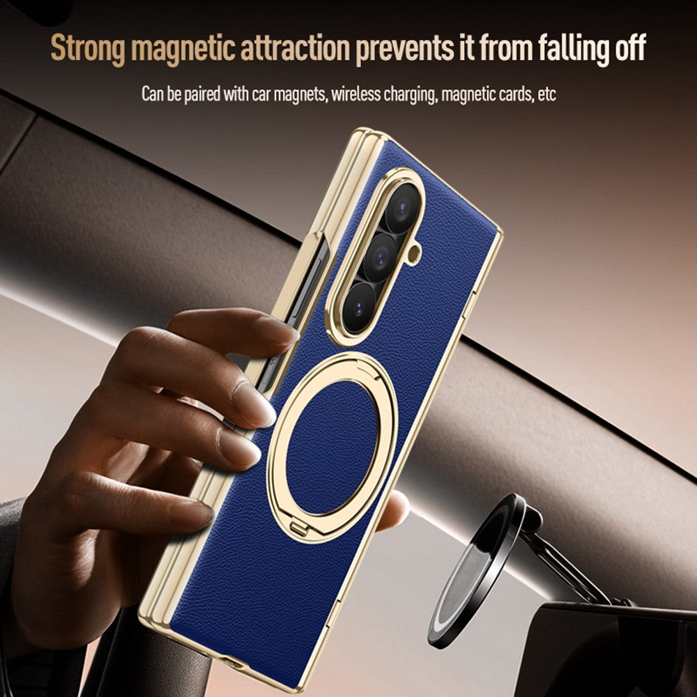 For Samsung Galaxy Z Fold8 Ultra Magnetic Case with Tempered Glass 360° Rotatable Metal Ring Kickstand PU Leather + PC + Acrylic Cover