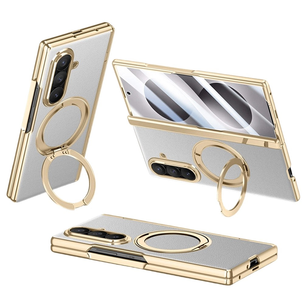 For Samsung Galaxy Z Fold8 Ultra Magnetic Case with Tempered Glass 360° Rotatable Metal Ring Kickstand PU Leather + PC + Acrylic Cover