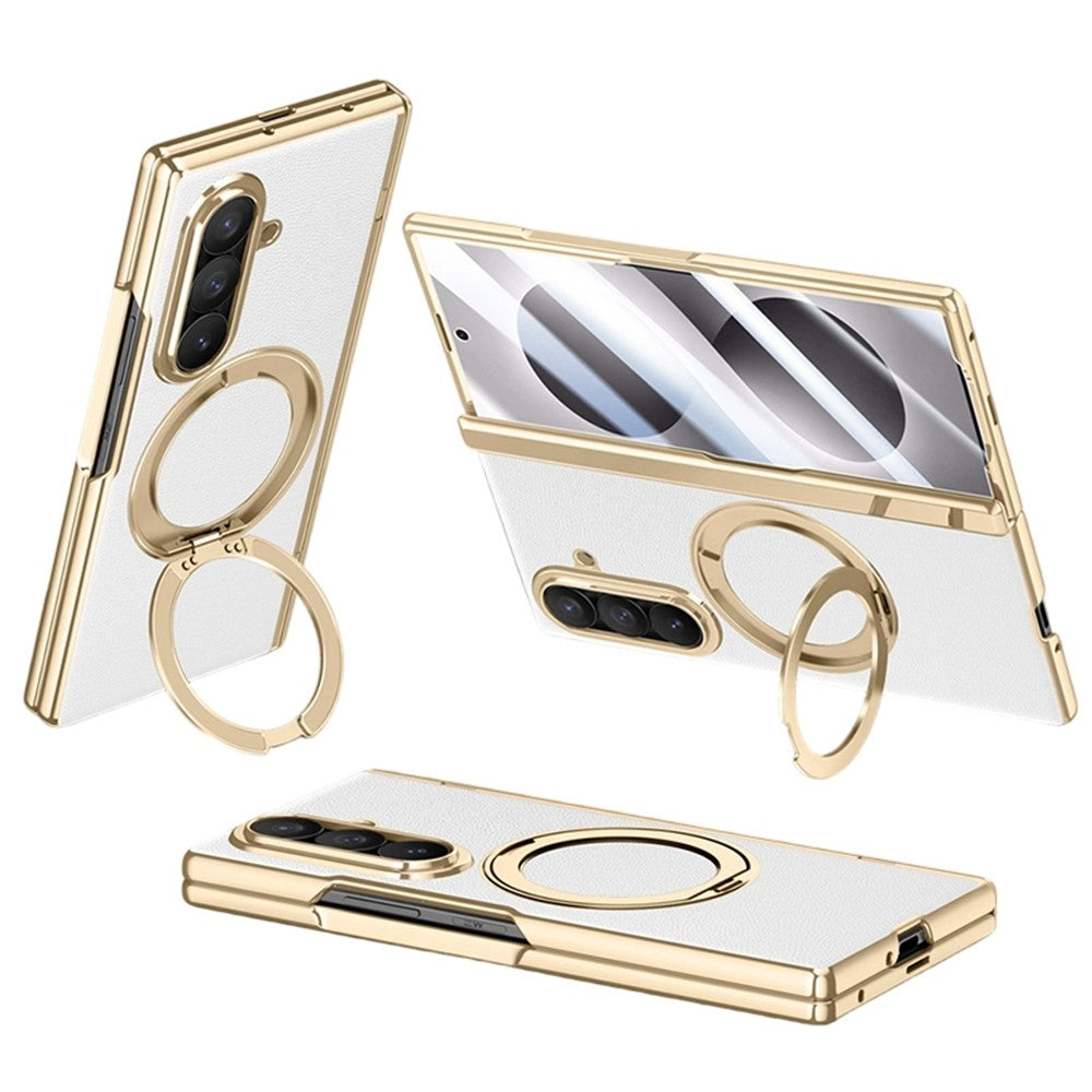 For Samsung Galaxy Z Fold8 Ultra Magnetic Case with Tempered Glass 360° Rotatable Metal Ring Kickstand PU Leather + PC + Acrylic Cover