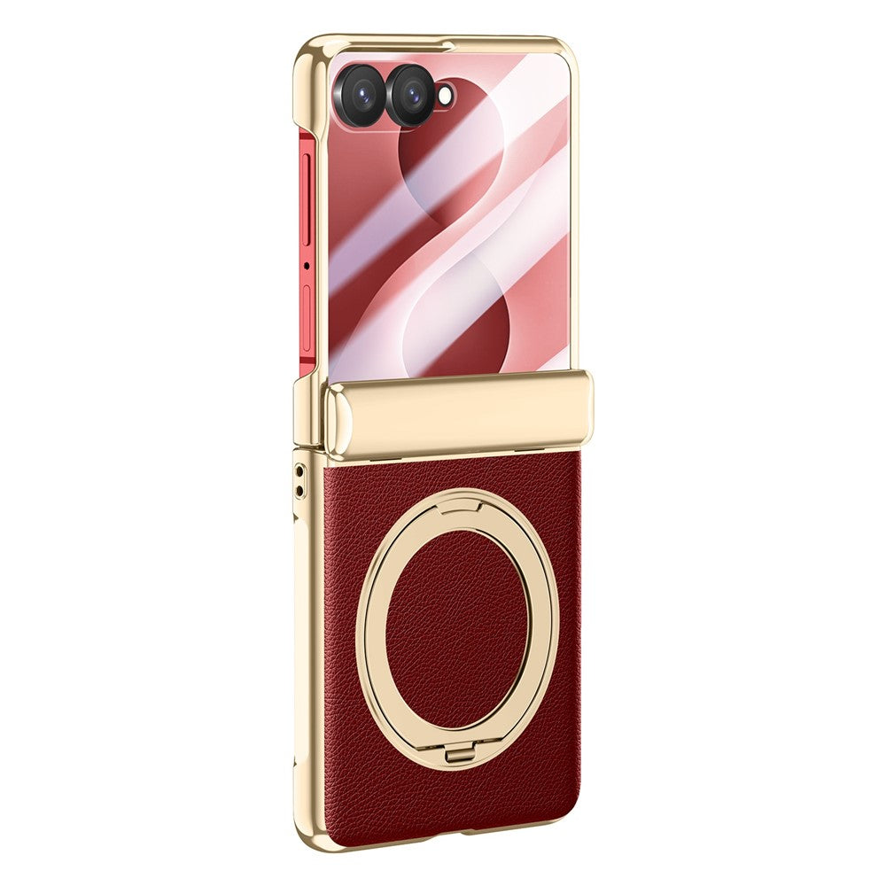 For Samsung Galaxy Z Flip8 Magnetic Case with Tempered Glass 360° Rotatable Metal Ring Kickstand PU Leather + PC + Acrylic Cover