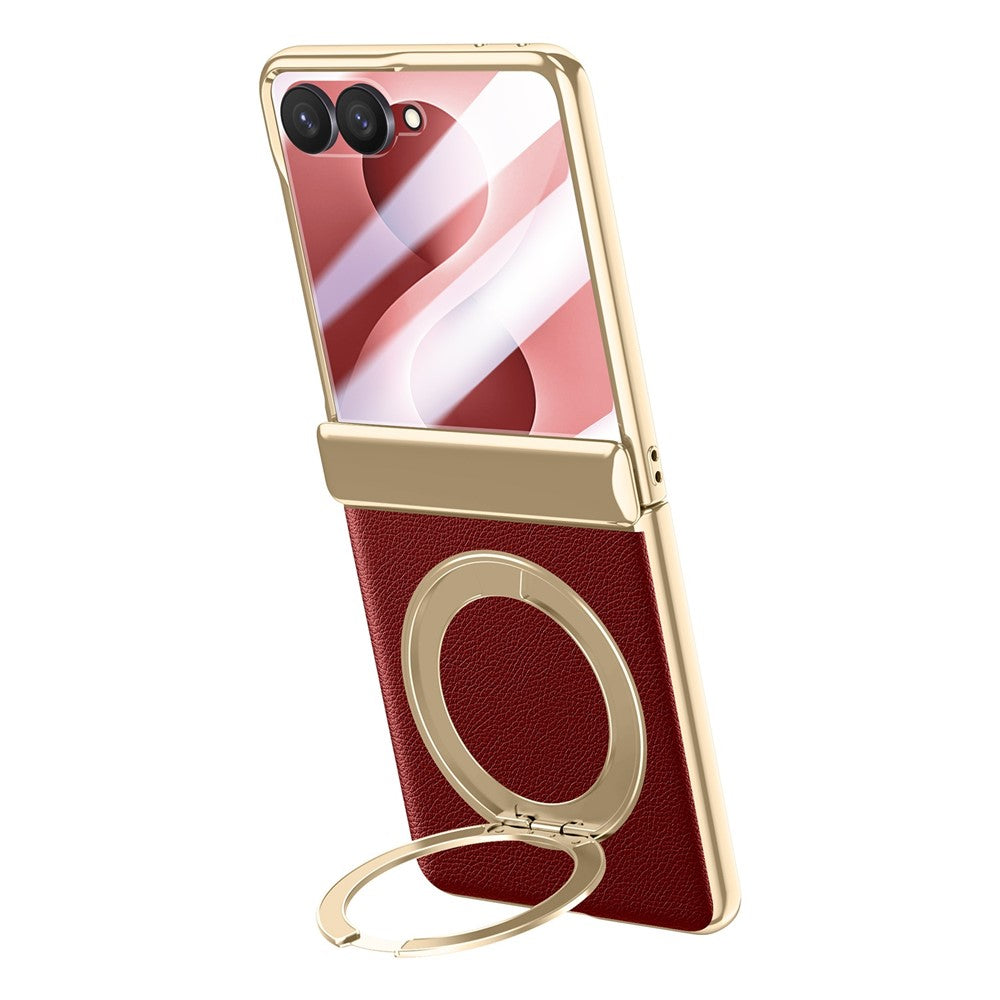 For Samsung Galaxy Z Flip8 Magnetic Case with Tempered Glass 360° Rotatable Metal Ring Kickstand PU Leather + PC + Acrylic Cover