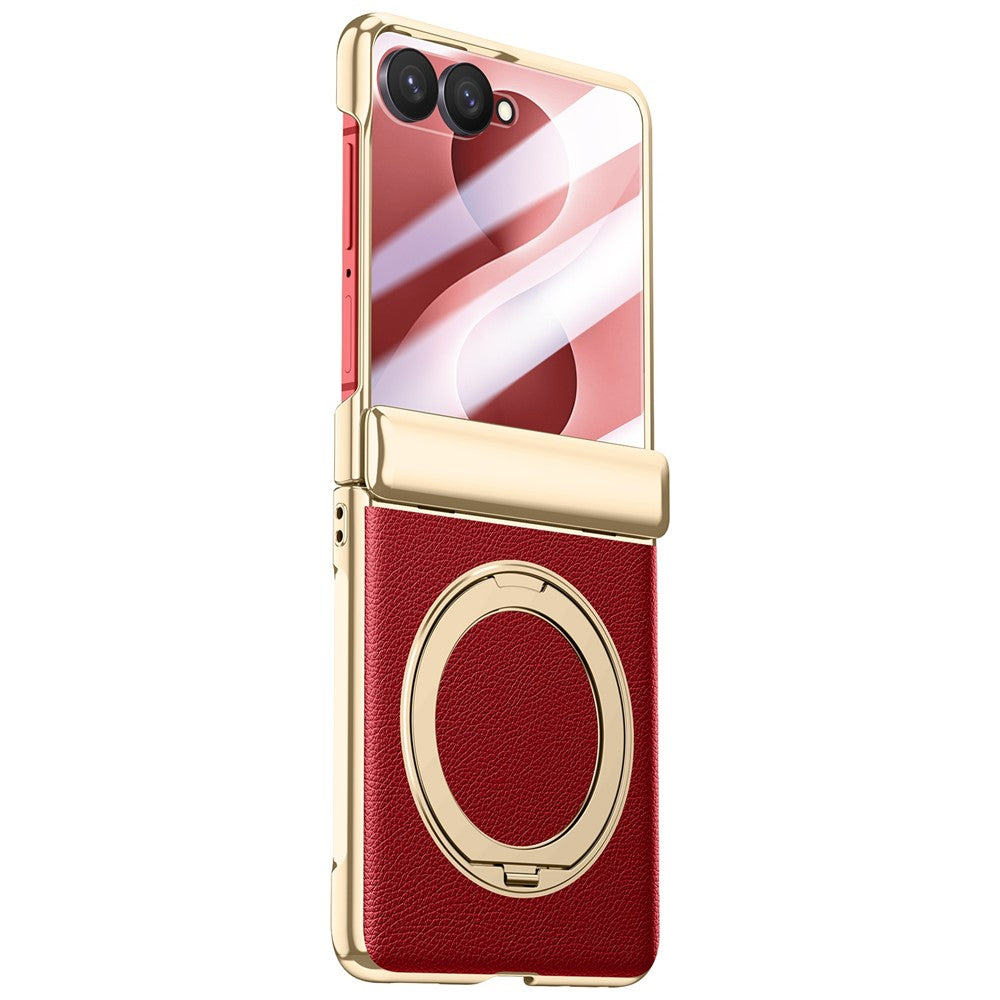 For Samsung Galaxy Z Flip8 Magnetic Case with Tempered Glass 360° Rotatable Metal Ring Kickstand PU Leather + PC + Acrylic Cover