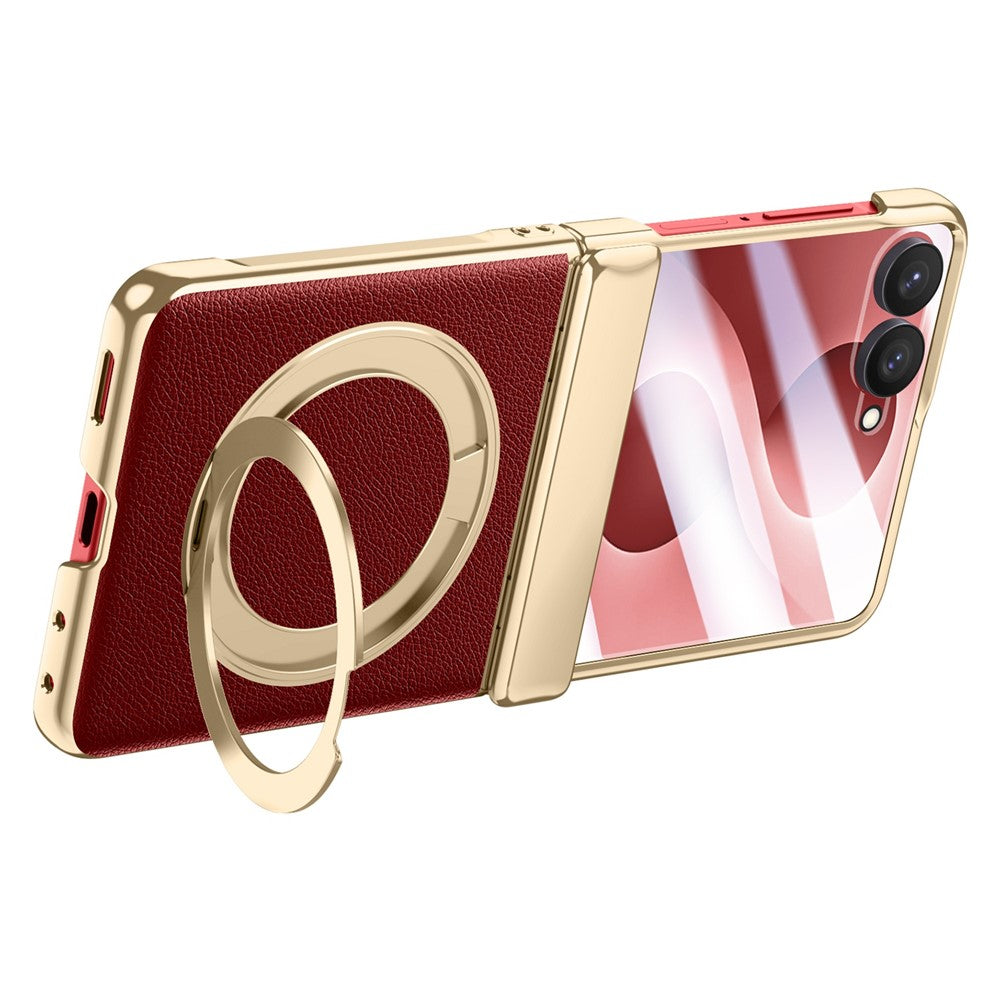 For Samsung Galaxy Z Flip8 Magnetic Case with Tempered Glass 360° Rotatable Metal Ring Kickstand PU Leather + PC + Acrylic Cover