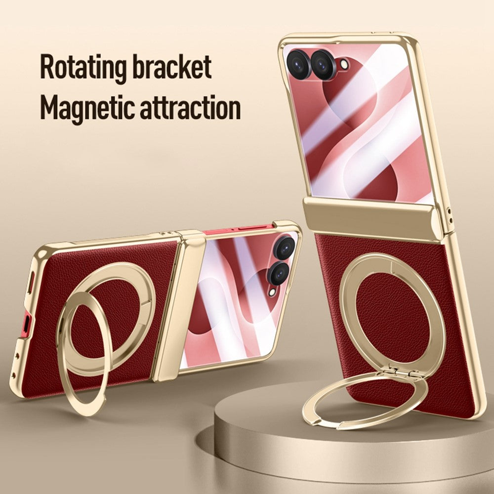 For Samsung Galaxy Z Flip8 Magnetic Case with Tempered Glass 360° Rotatable Metal Ring Kickstand PU Leather + PC + Acrylic Cover