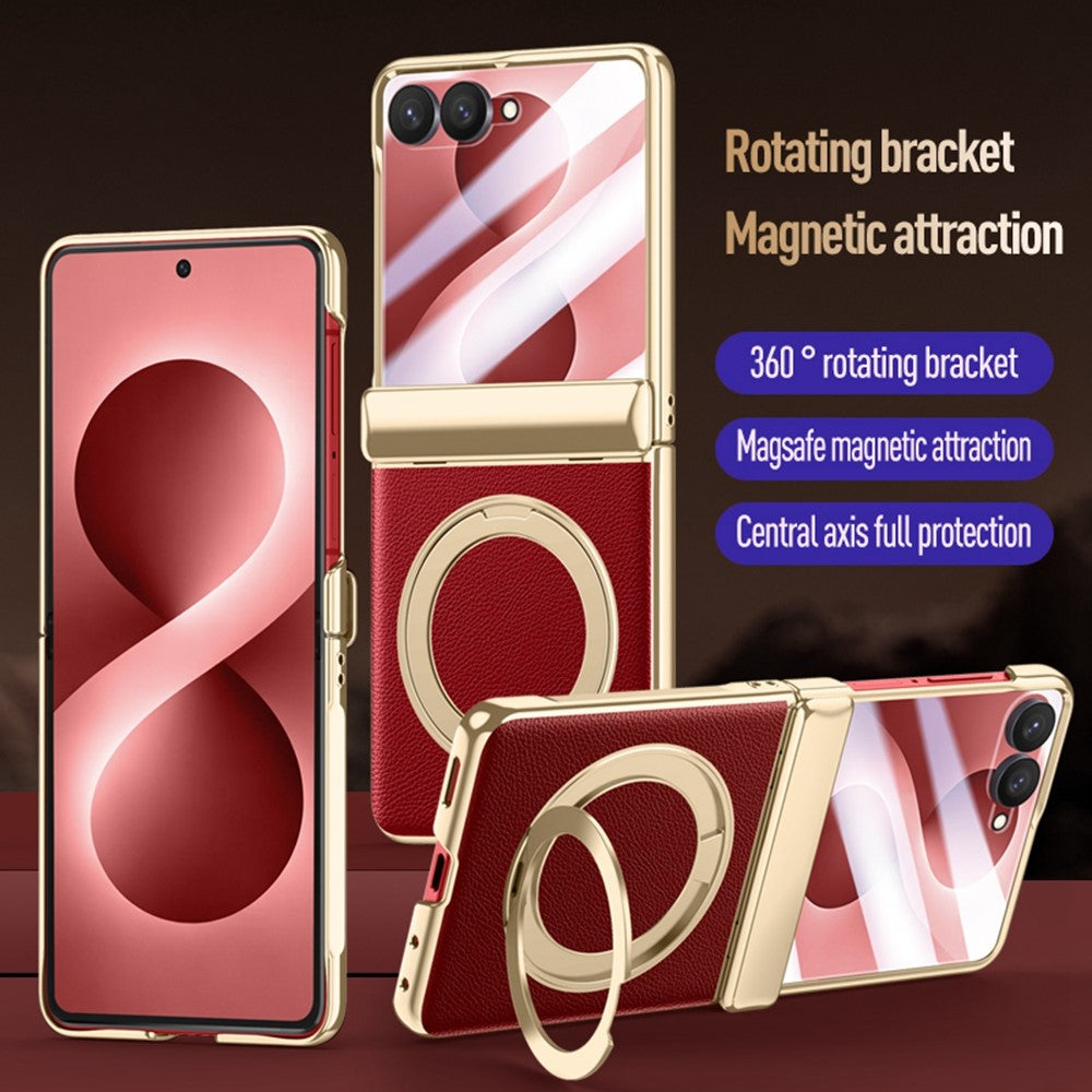 For Samsung Galaxy Z Flip8 Magnetic Case with Tempered Glass 360° Rotatable Metal Ring Kickstand PU Leather + PC + Acrylic Cover