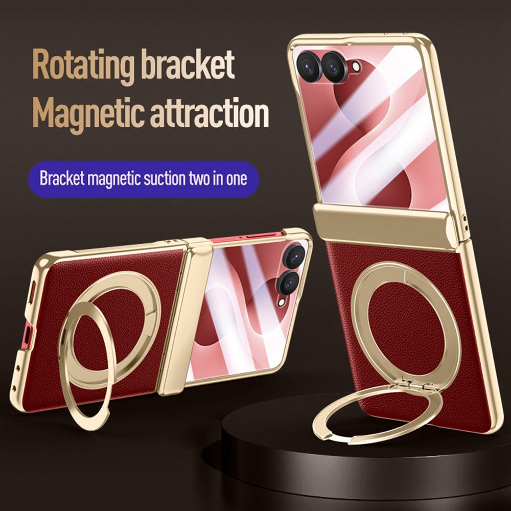 For Samsung Galaxy Z Flip8 Magnetic Case with Tempered Glass 360° Rotatable Metal Ring Kickstand PU Leather + PC + Acrylic Cover