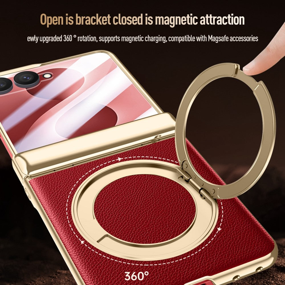 For Samsung Galaxy Z Flip8 Magnetic Case with Tempered Glass 360° Rotatable Metal Ring Kickstand PU Leather + PC + Acrylic Cover