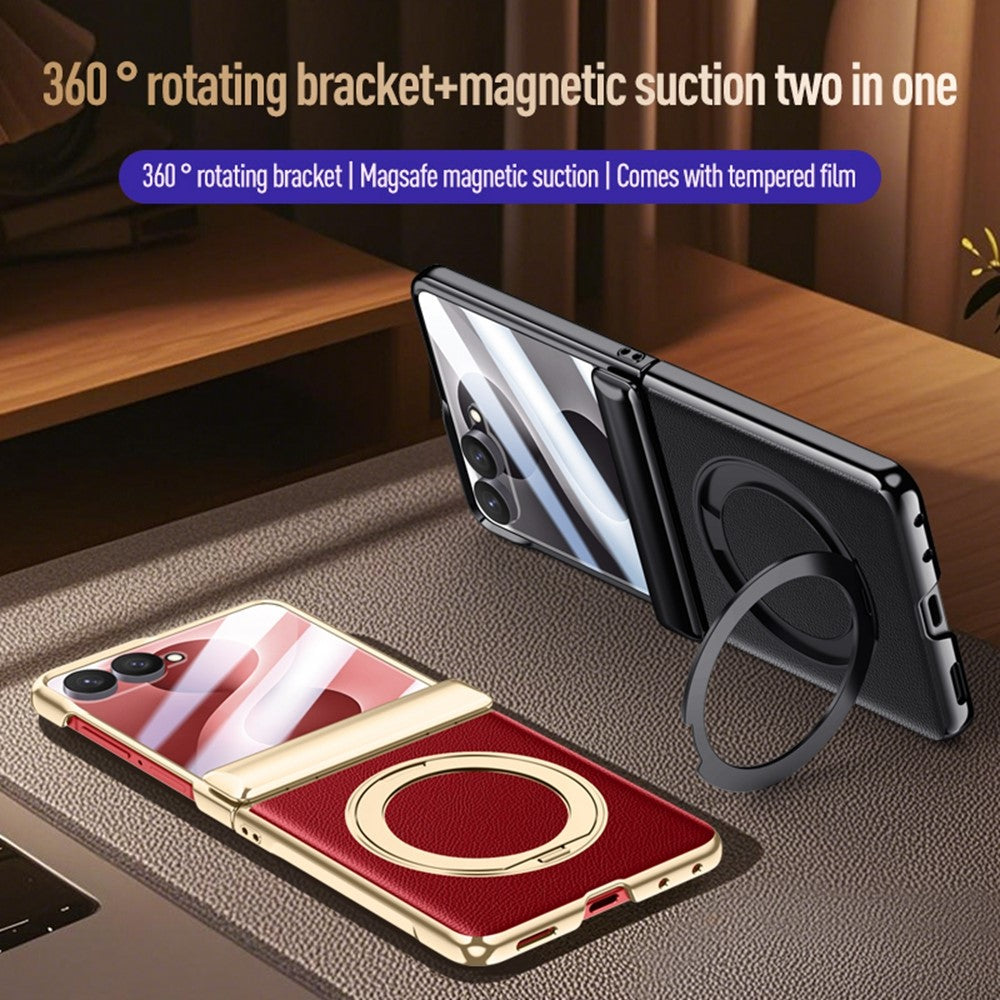 For Samsung Galaxy Z Flip8 Magnetic Case with Tempered Glass 360° Rotatable Metal Ring Kickstand PU Leather + PC + Acrylic Cover