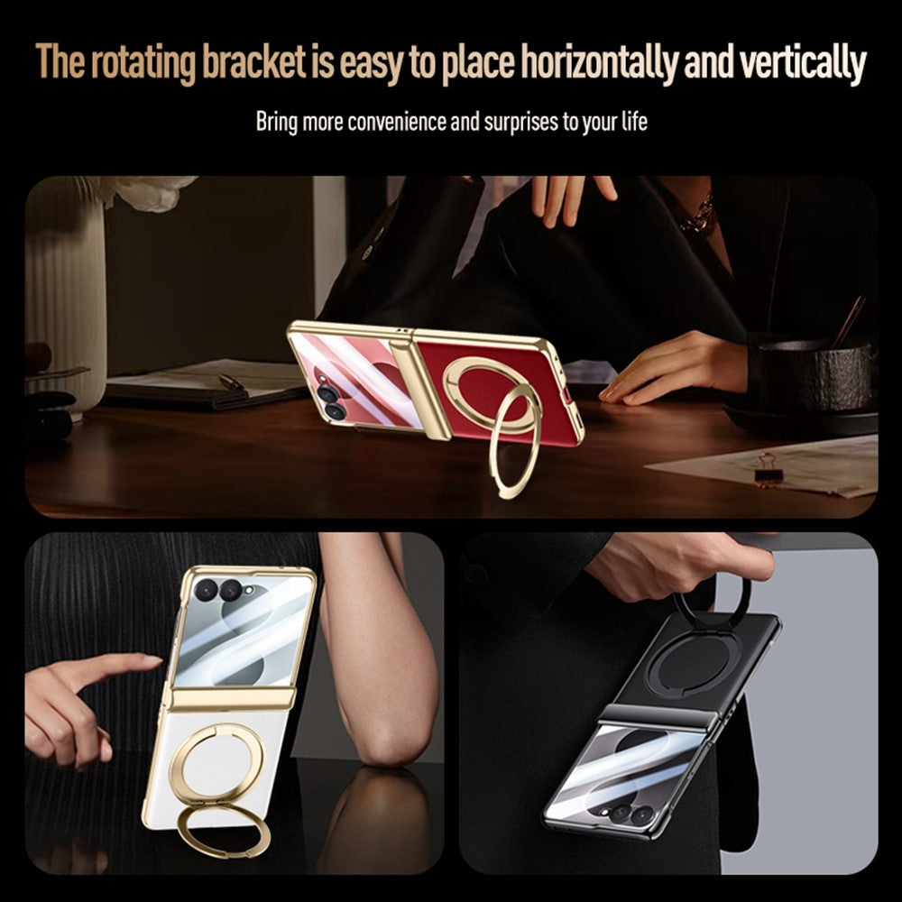 For Samsung Galaxy Z Flip8 Magnetic Case with Tempered Glass 360° Rotatable Metal Ring Kickstand PU Leather + PC + Acrylic Cover