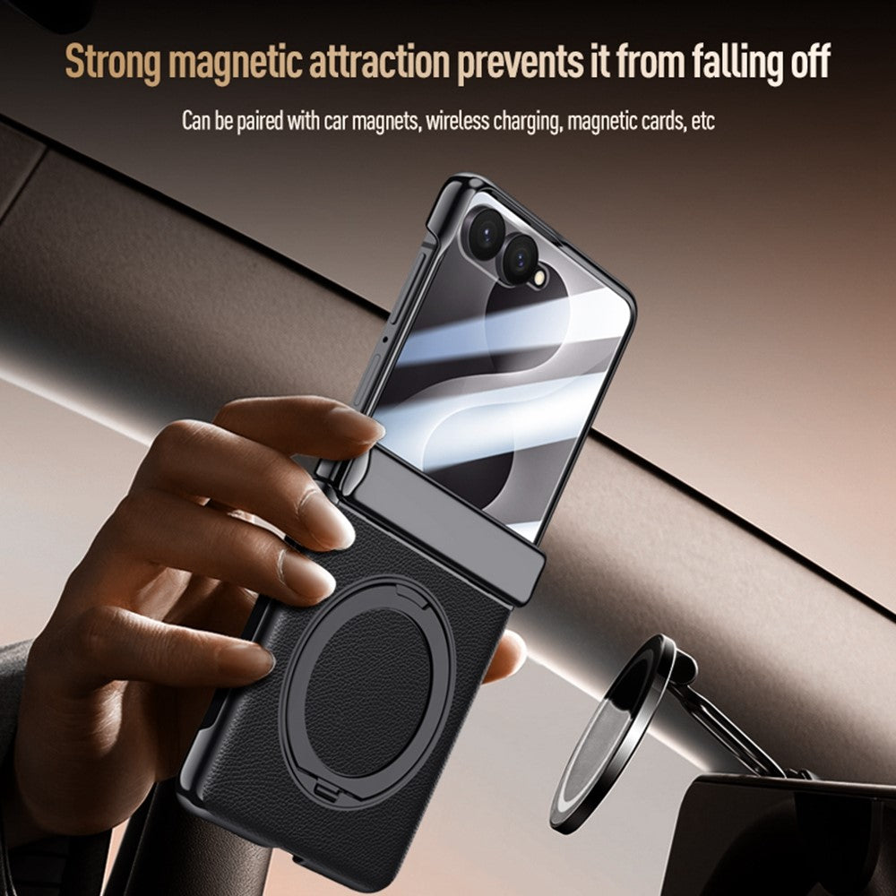 For Samsung Galaxy Z Flip8 Magnetic Case with Tempered Glass 360° Rotatable Metal Ring Kickstand PU Leather + PC + Acrylic Cover