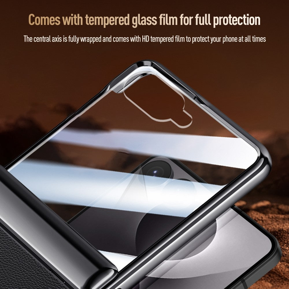 For Samsung Galaxy Z Flip8 Magnetic Case with Tempered Glass 360° Rotatable Metal Ring Kickstand PU Leather + PC + Acrylic Cover