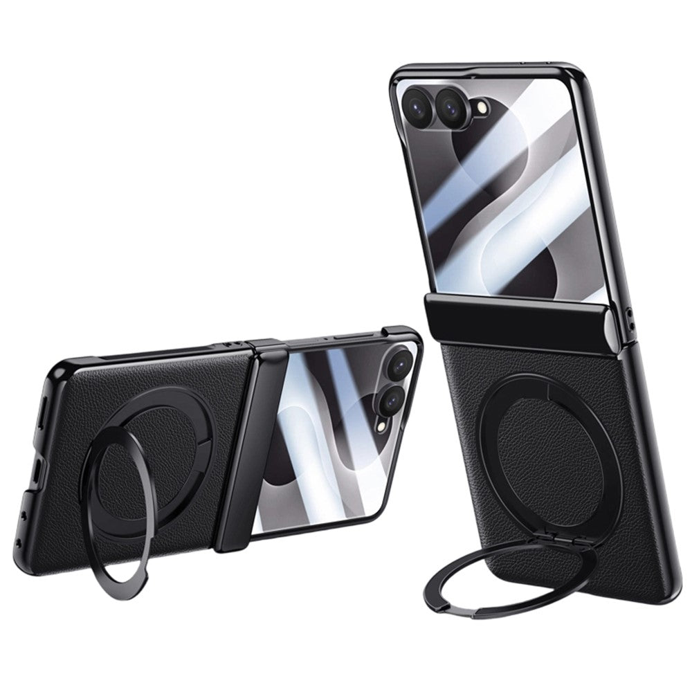 For Samsung Galaxy Z Flip8 Magnetic Case with Tempered Glass 360° Rotatable Metal Ring Kickstand PU Leather + PC + Acrylic Cover