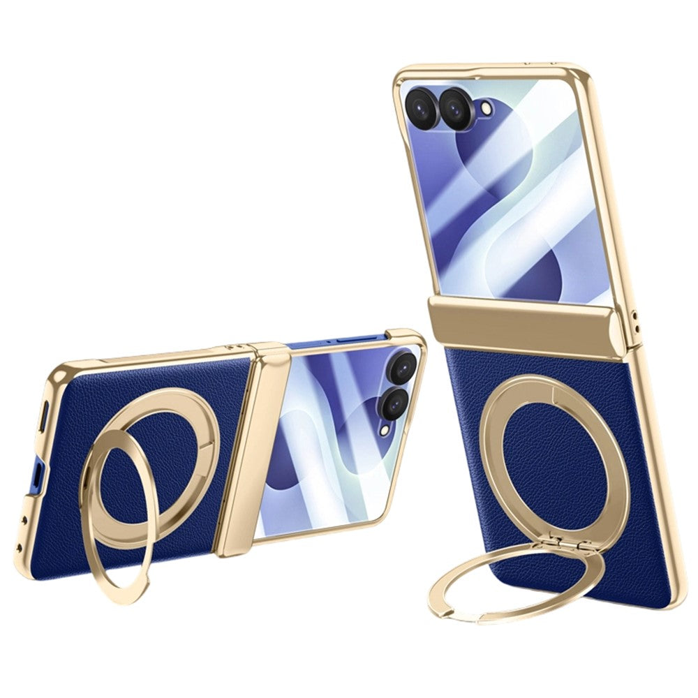 For Samsung Galaxy Z Flip8 Magnetic Case with Tempered Glass 360° Rotatable Metal Ring Kickstand PU Leather + PC + Acrylic Cover