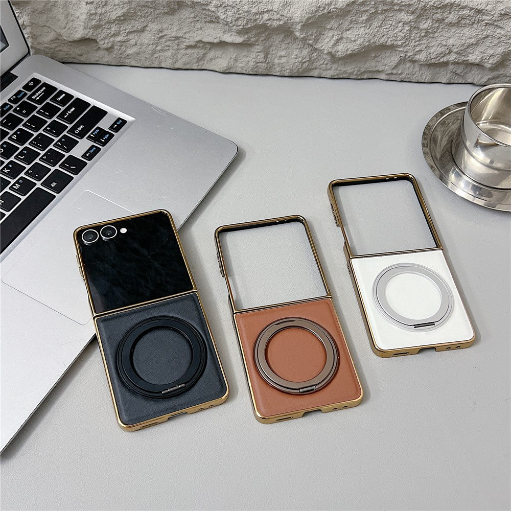 For Samsung Galaxy Z Flip8 Magnetic Case with Rotating Kickstand Nappa Texture PU TPU PC Phone Back Cover