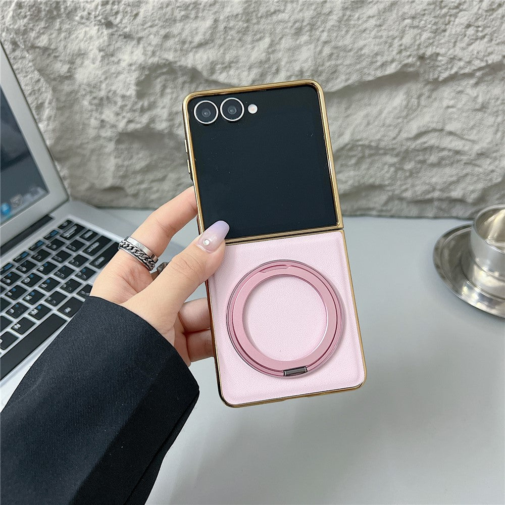 For Samsung Galaxy Z Flip8 Magnetic Case with Rotating Kickstand Nappa Texture PU TPU PC Phone Back Cover