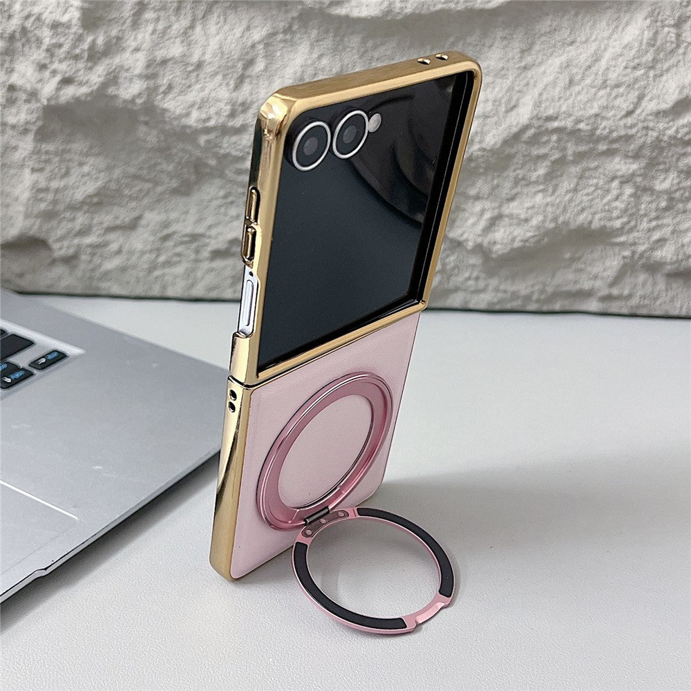 For Samsung Galaxy Z Flip8 Magnetic Case with Rotating Kickstand Nappa Texture PU TPU PC Phone Back Cover