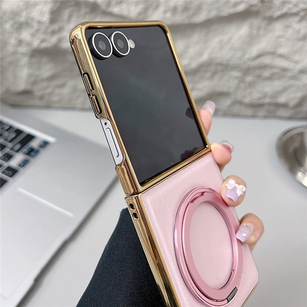 For Samsung Galaxy Z Flip8 Magnetic Case with Rotating Kickstand Nappa Texture PU TPU PC Phone Back Cover