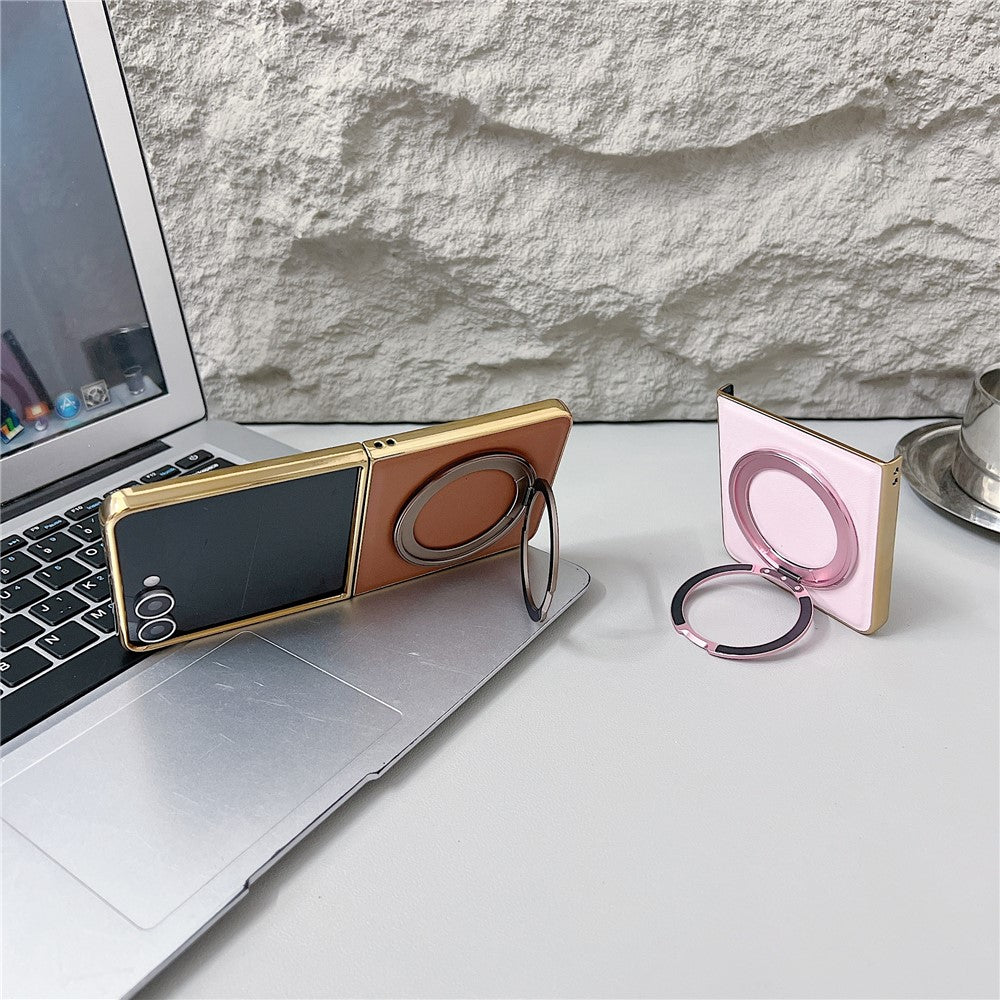For Samsung Galaxy Z Flip8 Magnetic Case with Rotating Kickstand Nappa Texture PU TPU PC Phone Back Cover