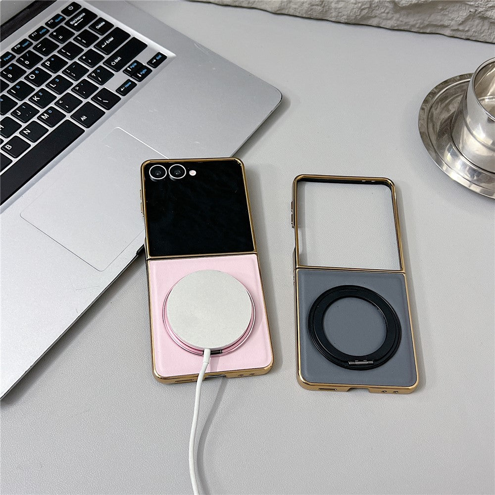 For Samsung Galaxy Z Flip8 Magnetic Case with Rotating Kickstand Nappa Texture PU TPU PC Phone Back Cover