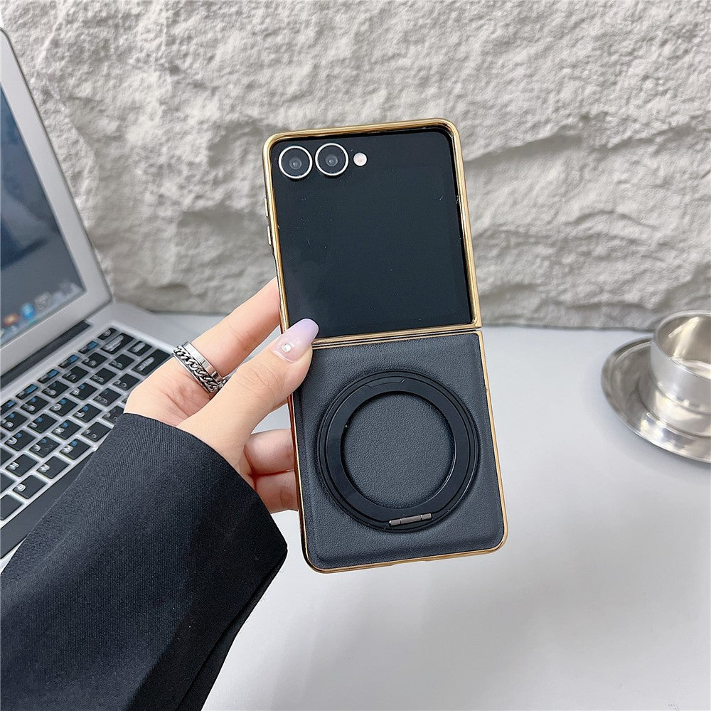 For Samsung Galaxy Z Flip8 Magnetic Case with Rotating Kickstand Nappa Texture PU TPU PC Phone Back Cover