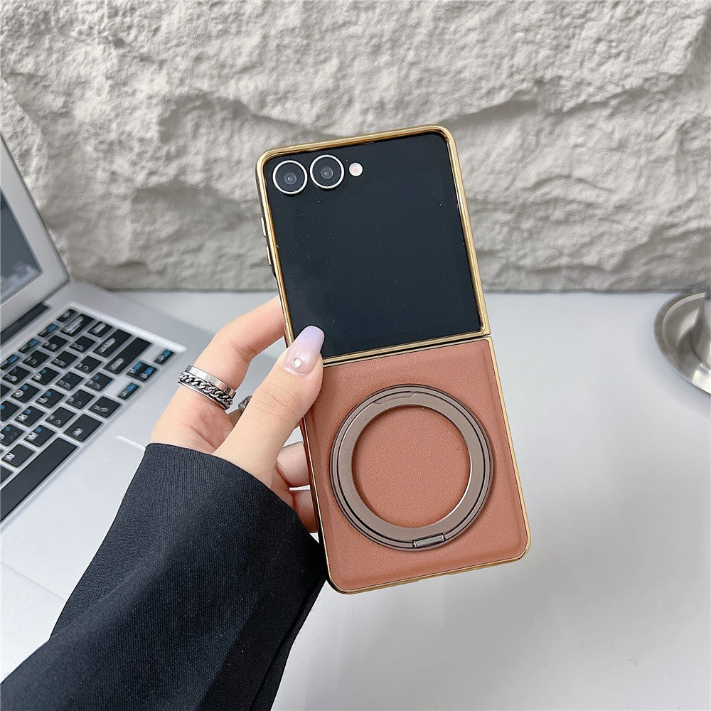 For Samsung Galaxy Z Flip8 Magnetic Case with Rotating Kickstand Nappa Texture PU TPU PC Phone Back Cover