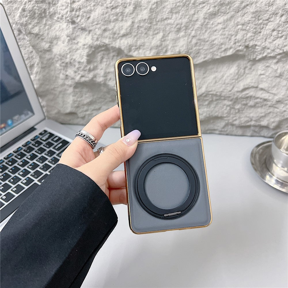 For Samsung Galaxy Z Flip8 Magnetic Case with Rotating Kickstand Nappa Texture PU TPU PC Phone Back Cover