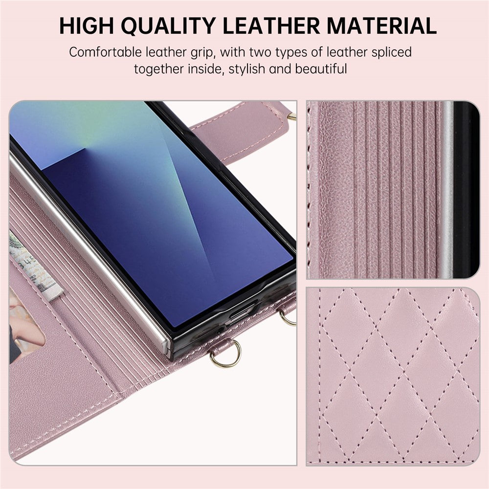 For Samsung Galaxy Z Fold8 Ultra Case Magnetic Ring Buckle Zipper Pocket Rhombic Leather Phone Cover with Wrist Strap