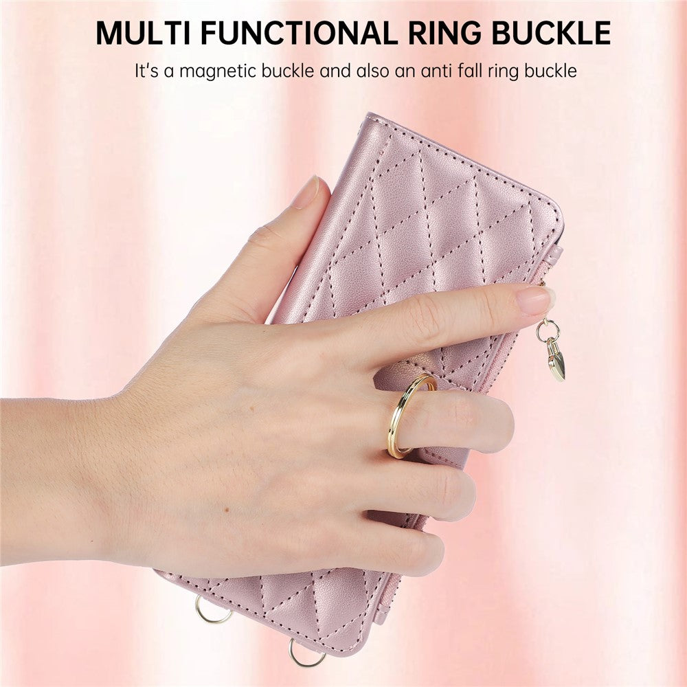 For Samsung Galaxy Z Fold8 Ultra Case Magnetic Ring Buckle Zipper Pocket Rhombic Leather Phone Cover with Wrist Strap