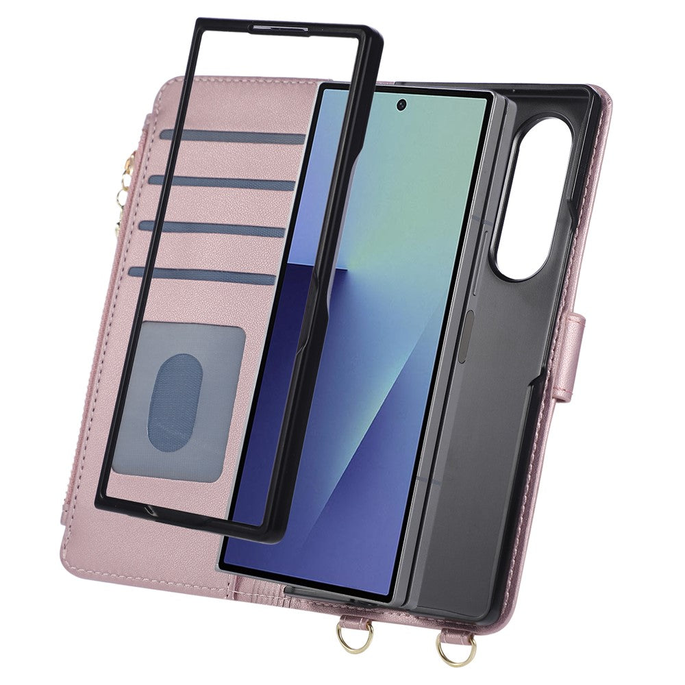 For Samsung Galaxy Z Fold8 Ultra Case Magnetic Ring Buckle Zipper Pocket Rhombic Leather Phone Cover with Wrist Strap