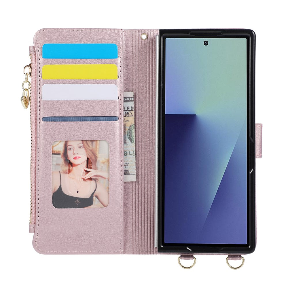 For Samsung Galaxy Z Fold8 Ultra Case Magnetic Ring Buckle Zipper Pocket Rhombic Leather Phone Cover with Wrist Strap