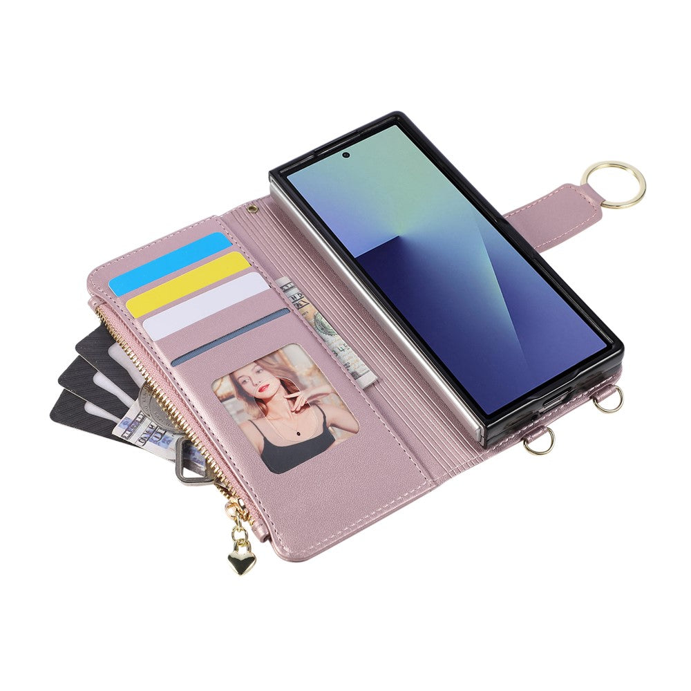 For Samsung Galaxy Z Fold8 Ultra Case Magnetic Ring Buckle Zipper Pocket Rhombic Leather Phone Cover with Wrist Strap