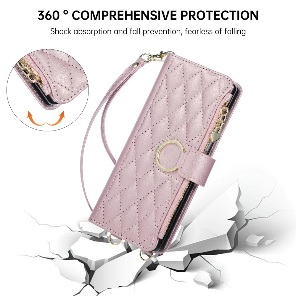 For Samsung Galaxy Z Fold8 Ultra Case Magnetic Ring Buckle Zipper Pocket Rhombic Leather Phone Cover with Wrist Strap
