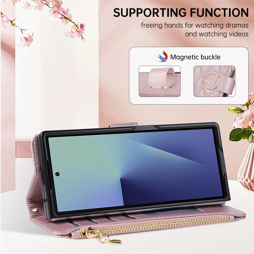 For Samsung Galaxy Z Fold8 Ultra Case Magnetic Ring Buckle Zipper Pocket Rhombic Leather Phone Cover with Wrist Strap