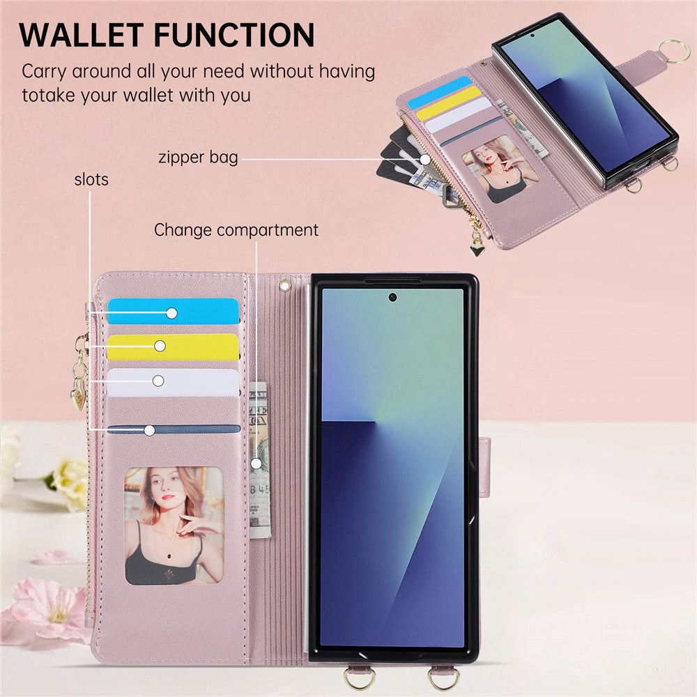 For Samsung Galaxy Z Fold8 Ultra Case Magnetic Ring Buckle Zipper Pocket Rhombic Leather Phone Cover with Wrist Strap