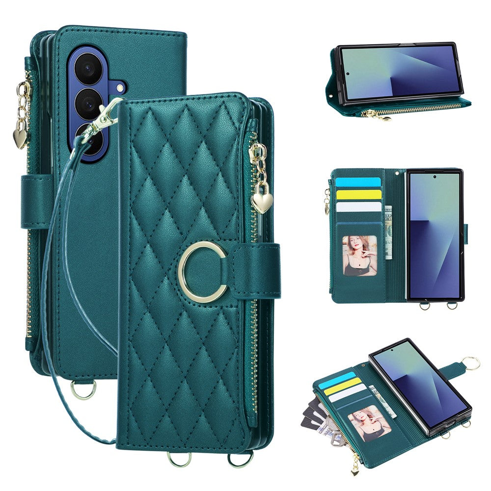 For Samsung Galaxy Z Fold8 Ultra Case Magnetic Ring Buckle Zipper Pocket Rhombic Leather Phone Cover with Wrist Strap
