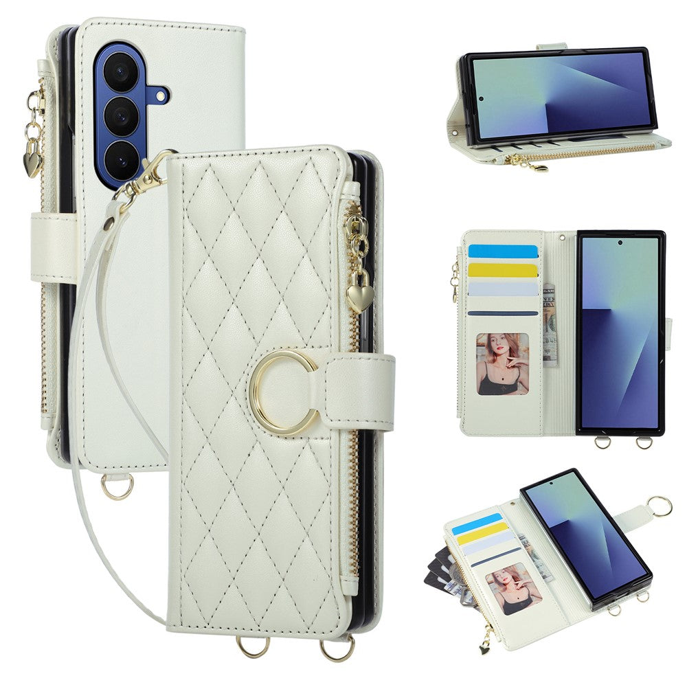 For Samsung Galaxy Z Fold8 Ultra Case Magnetic Ring Buckle Zipper Pocket Rhombic Leather Phone Cover with Wrist Strap