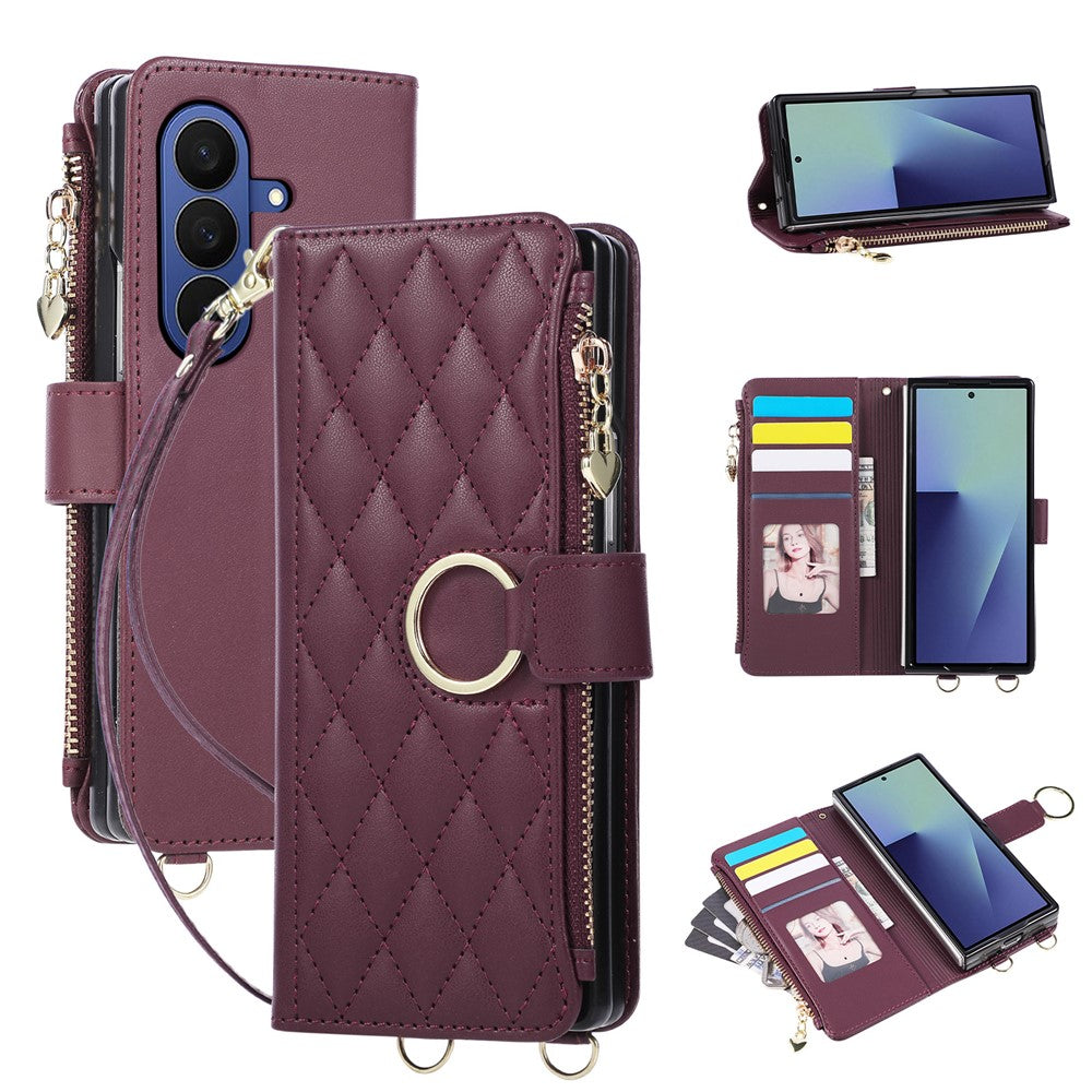 For Samsung Galaxy Z Fold8 Ultra Case Magnetic Ring Buckle Zipper Pocket Rhombic Leather Phone Cover with Wrist Strap