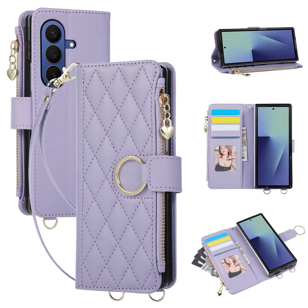 For Samsung Galaxy Z Fold8 Ultra Case Magnetic Ring Buckle Zipper Pocket Rhombic Leather Phone Cover with Wrist Strap