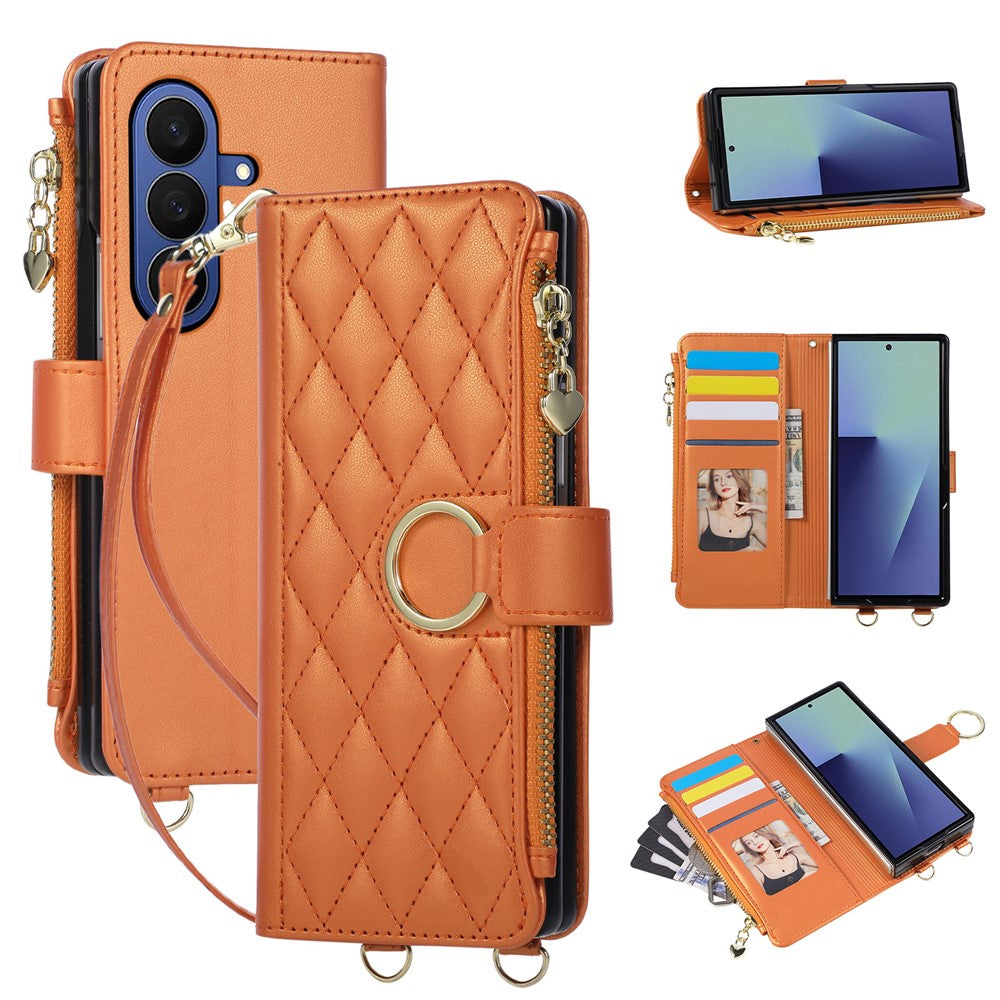 For Samsung Galaxy Z Fold8 Ultra Case Magnetic Ring Buckle Zipper Pocket Rhombic Leather Phone Cover with Wrist Strap