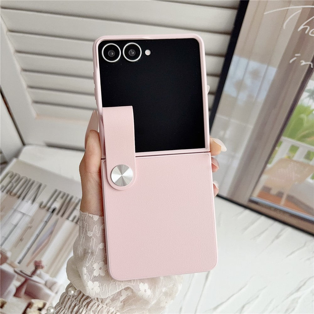For Samsung Galaxy Z Flip8 Case PU Leather + PC Phone Cover with Grip Strap