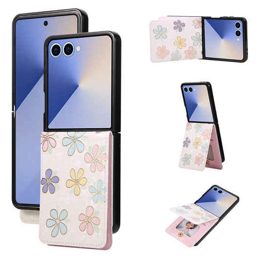 Galaxy Z Flip8 – Handyhülle aus Kunststoff und PU-Leder, mit Ständer, mit Kartenfach, mit RFID-Schutz, mit Blumenmotiv