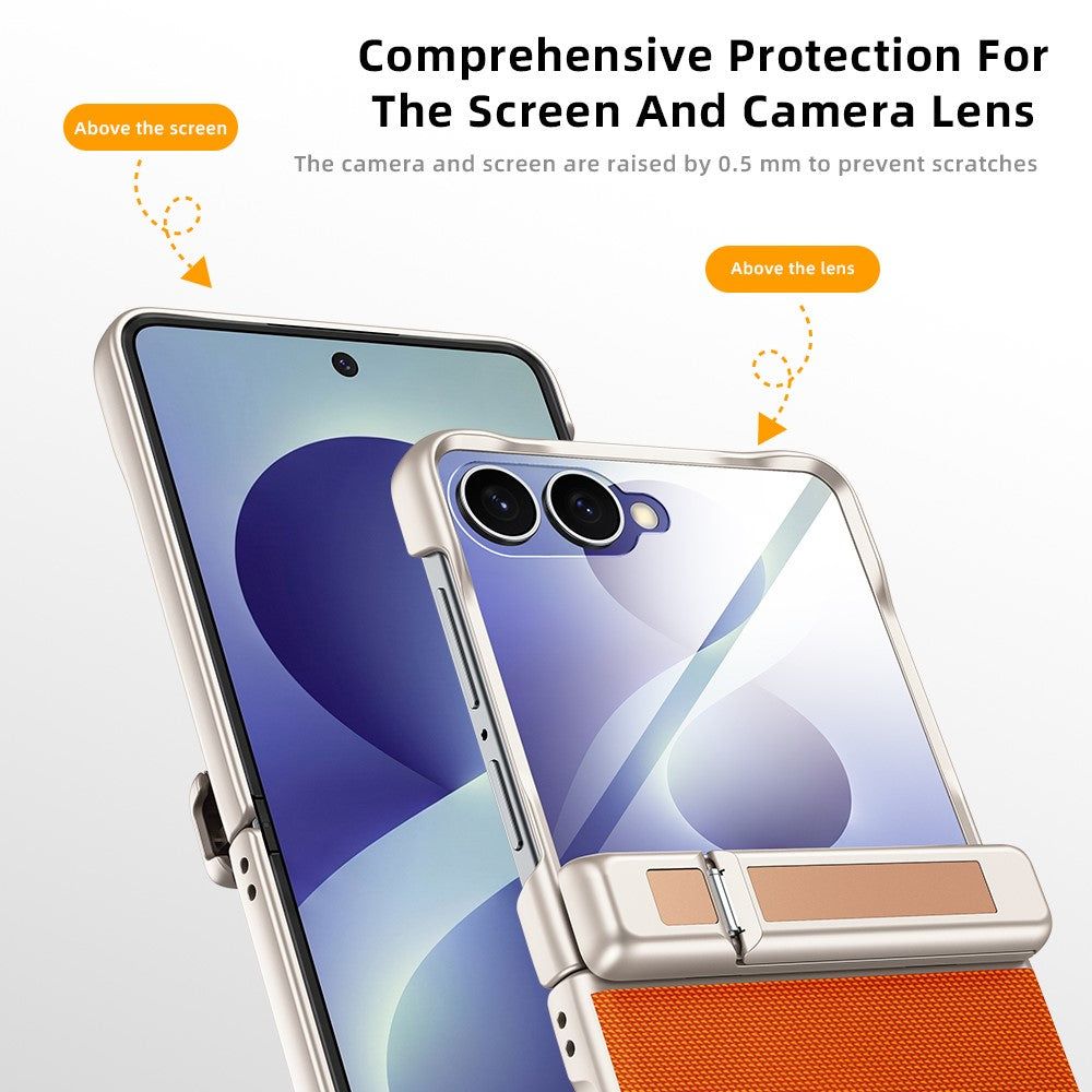 For Samsung Galaxy Z Flip8 5G Case Hinge Kickstand Leather PC Phone Cover with Privacy Screen Protector