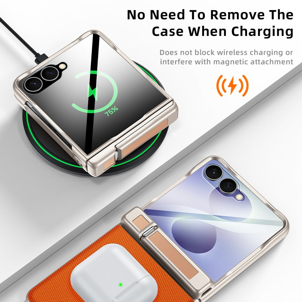 For Samsung Galaxy Z Flip8 5G Case Hinge Kickstand Leather PC Phone Cover with Privacy Screen Protector