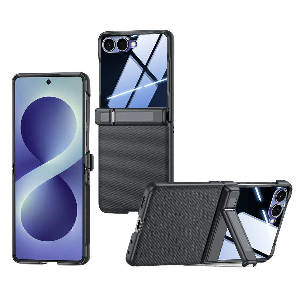 For Samsung Galaxy Z Flip8 5G Case Hinge Kickstand Leather PC Phone Cover with Privacy Screen Protector