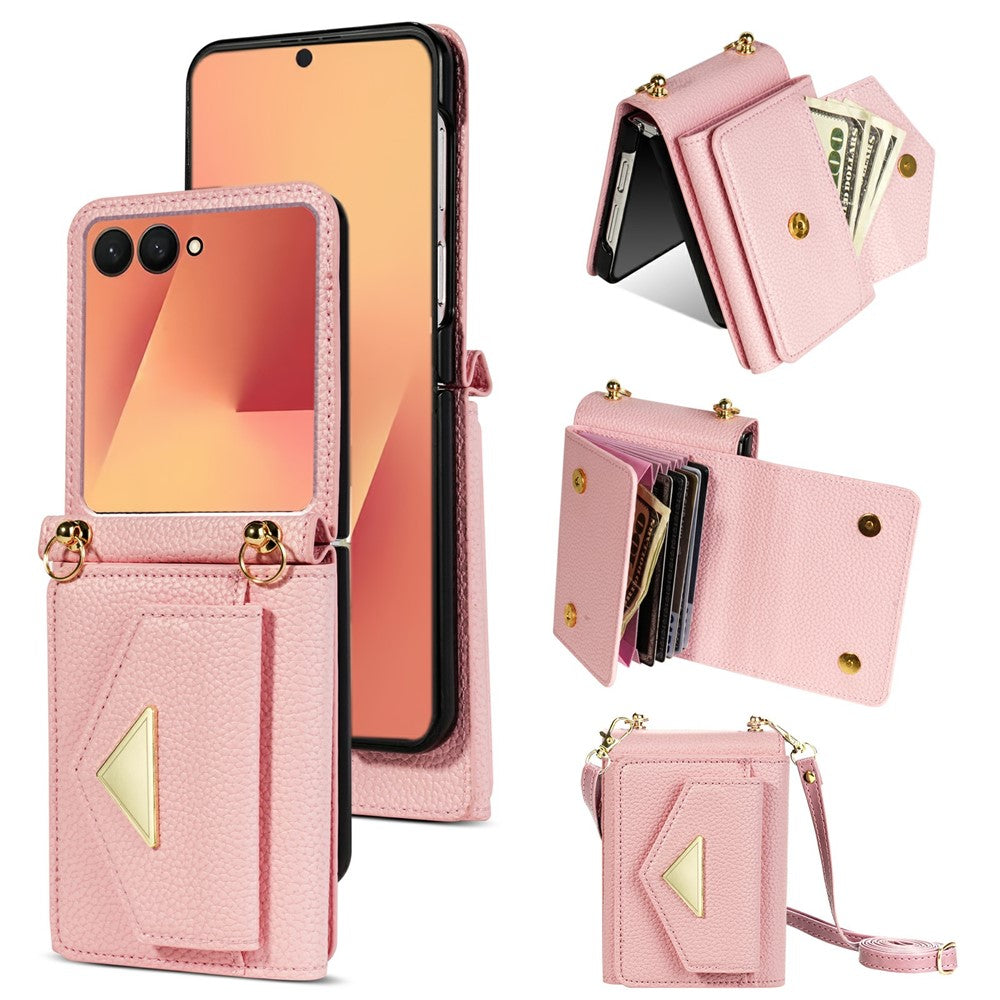 For Samsung Galaxy Z Flip8 Case Card Slots PU + PC Phone Cover with Long Strap